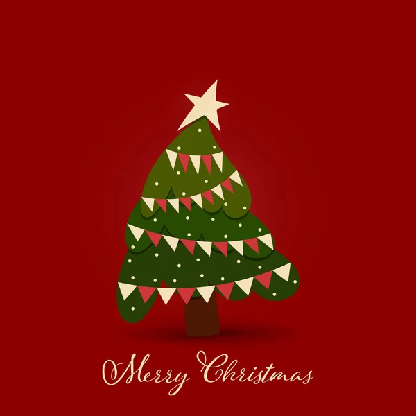 赤い背景にお祝いのクリスマスグリーティングカードクリスマスツリー 松の木冬の休日の伝統的なお祝いのシンボルベクトルイラスト — ストックベクタ