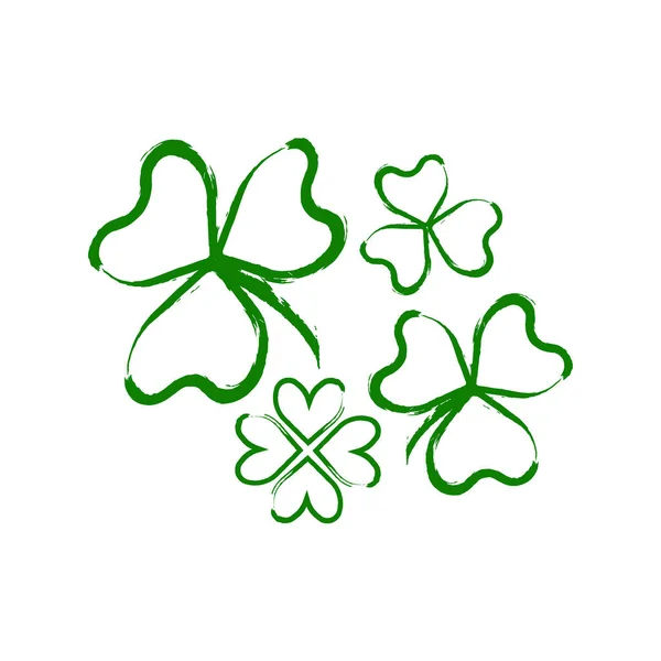 Набор Ирландской Трилистник Изолирован Белом Фоне Мазок Кисти Зеленый Клевер — стоковый вектор