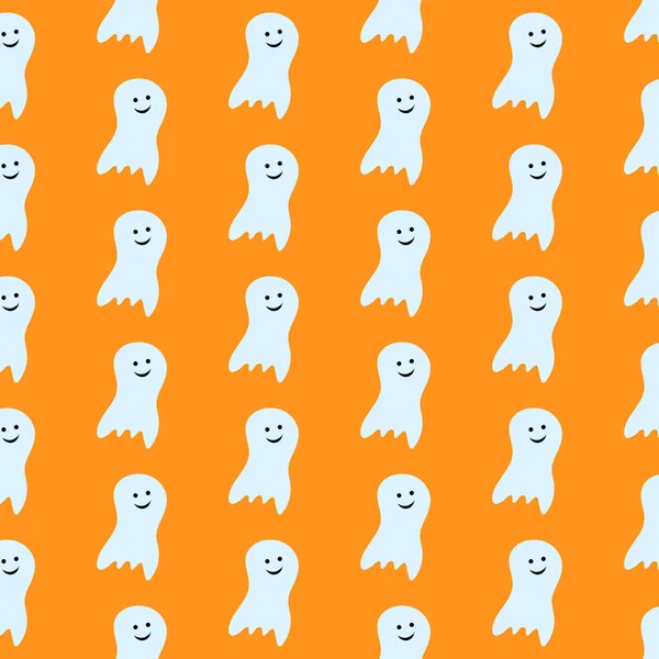 stock vector Halloween seamless pattern with cute ghosts on orange background Texture for wrapping and fabric Vector illustration 