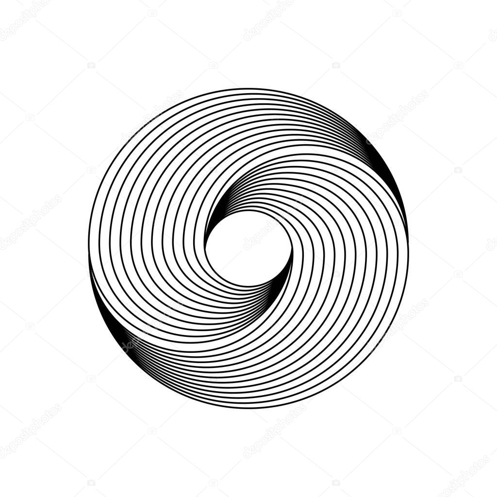 Spherical graphic with lines. Monochrome graphic design. Abstract background. Illusion of rotation. 3D logo Black lines icon symbol Vector