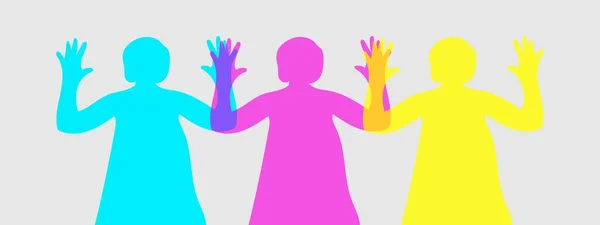 Beyaz arkaplan üzerinde el ele tutuşan insanların siluetleri Riso Print ve kadın Risograph etkisi Minimalist sanat baskısı Vektörü