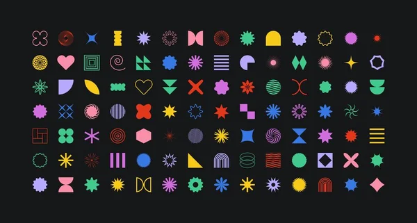 Renkli, vahşi geometrik şekiller Moda minimalist temel figürler Modern grafik tasarım elementi siyah arkaplan vektör illüstrasyonunda