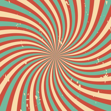 Soyut renkli retro girdap patlaması. Radyal ışın deseni. Radyal ışınlı karnaval arka planı. Dalgalar ve girdaplarla dolu parlak çizgili bir perspektif. Vektör