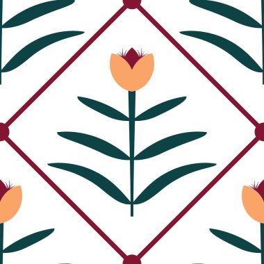 Lalelerle soyut geometrik desen. Kumaş web sayfası yüzey dokusu ambalajlama kağıt vektörü illüstrasyonları için kusursuz çiçek arkaplan bloğu grafik tasarımı