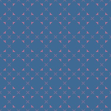 Mavi arkaplan üzerinde pembe elementler olan soyut geometrik desen. Kumaş ev giysisi, halı arka plan yüzey tasarım vektörü ambalajı.
