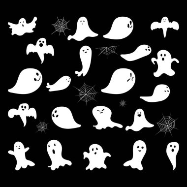 Şirin hayaletler seti korkunç sonbahar bayramı Cadılar Bayramı Cadılar Bayramı 'nda hayalet ikonlarının şirin, ürkütücü, mutlu ve komik yüz posterleri ya da sancak vektör çizimleri.