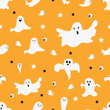 Hayaletlerle kusursuz cadılar bayramı şablonu. Korkunç canavar sonbahar tatili. Ürkütücü hayalet ikonları.