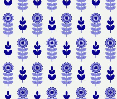 Beyaz arka planda mavi çiçekli pürüzsüz desen İskandinav tarzı vektör