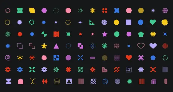 Renkli, vahşi geometrik şekiller Moda minimalist temel figürler Modern grafik tasarım elementi siyah arkaplan vektör illüstrasyonunda