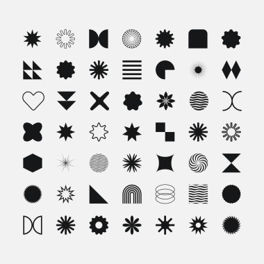 Beyaz arka planda siyah, vahşi, geometrik şekiller. Minimalist, temel figürler. Modern grafik tasarım elementleri.