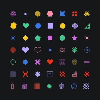 Renkli, vahşi geometrik şekiller Moda minimalist temel figürler Modern grafik tasarım elementi siyah arkaplan vektör illüstrasyonunda