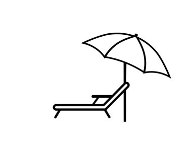 Güverte sandalyesi ve şemsiyesi. Vektör simgesi. Dinlenmek, hafta sonları, tatiller