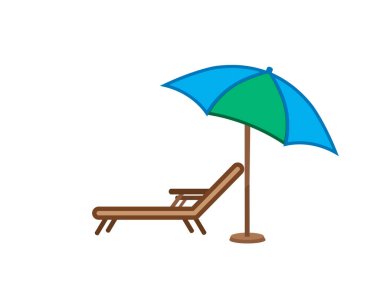 Güverte sandalyesi ve şemsiyesi. Vektör simgesi. Dinlenmek, hafta sonları, tatiller