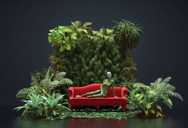 Yeşil yapraklı kanepede poz veren genç bir kadın. Bu 3 boyutlu bir çizim.