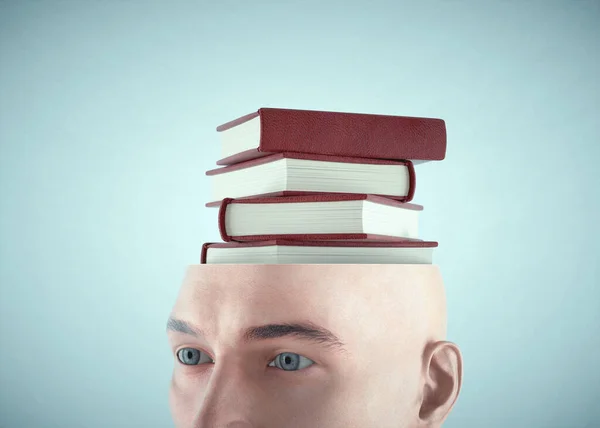 頭の代わりに本の山を持つビジネスマン 自己開発と知識の概念 これは3Dレンダリング図です — ストック写真