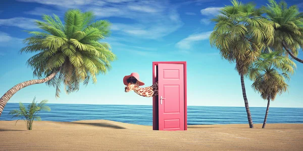 stock image Giraffe get through a door.  Curiosity an aspirations concept. This is a 3d render illustration