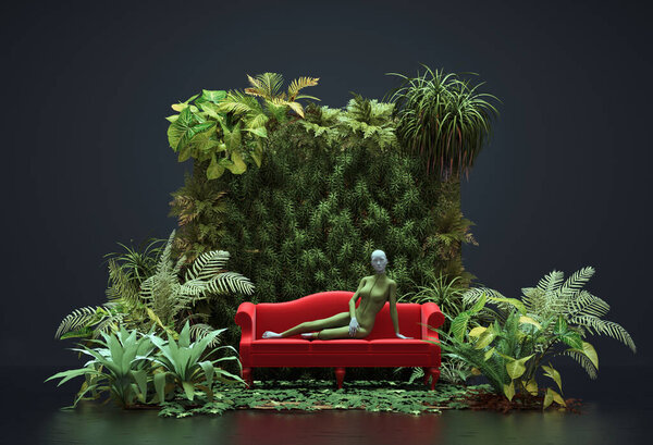 Молодая женщина позирует на диване в зеленых листьях. This is a 3d render illustration