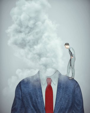 Adam başsız bir iş adamı ve bir bulutun üzerinde duruyor. Yanma ve stres konsepti. Bu 3 boyutlu bir çizim.