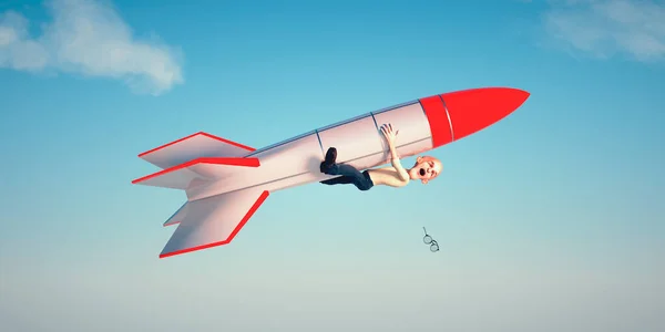 Ember Repül Felhők Felett Egy Rakétával Indítsa Üzleti Koncepciót Egy — Stock Fotó