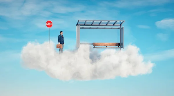 Estação Autocarros Homem Espera Numa Nuvem Aspiração Futuro Conceito Carreira — Fotografia de Stock