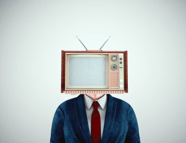 Kafası televizyon yerine televizyon ve propaganda konsepti olan bir iş adamı. Bu 3 boyutlu bir çizim.