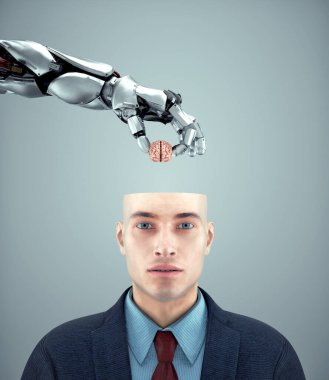 Robot bir el, küçük bir beyni kafanın içine yerleştiriyor. Yapay zeka ve gelecekteki yenilik kavramı. Bu 3 boyutlu resimleme