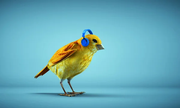 Mały Ptaszek Słucha Muzyki Ilustracja Renderowania — Zdjęcie stockowe