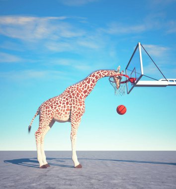 Giraffe scores basketball. Creative and motivation concept. This is a 3d render illustration
