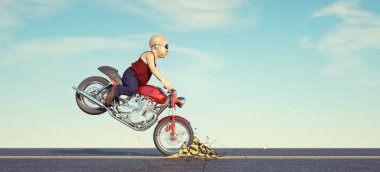 Man riding a motorcycle breaks the road . Powerful and confidence concept. This is a 3d render illustration