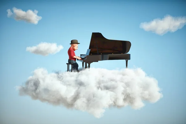 Man playing the piano over clouds. Aspiration and dream concept. This is a 3d render illustration.