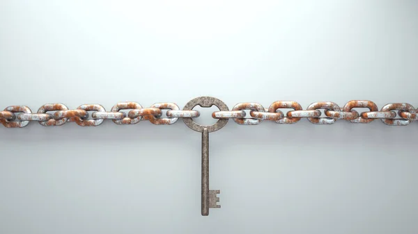 Key tied with an old chain. The concept of blocked solution. This is a 3d render illustration