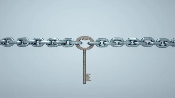 Key tied with an chain. The concept of blocked solution. This is a 3d render illustration