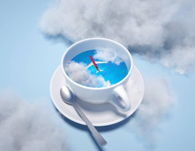 Rüyasında yolculuk ya da tatille ilgili bir kupa. Bu 3 boyutlu bir çizim.