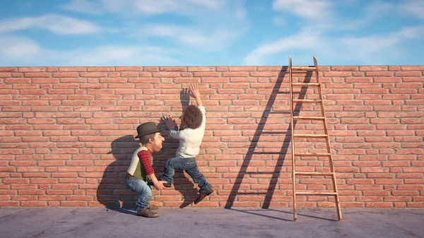 stock image Man helped to climb a wall. The concept of friendship and help. This is a 3d render illustration