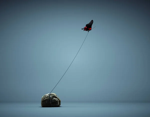 Pillangó Egy Sziklához Kötözve Elrepül Magabiztosság Gondolkodásmód Egy Renderelés Illusztráció — Stock Fotó