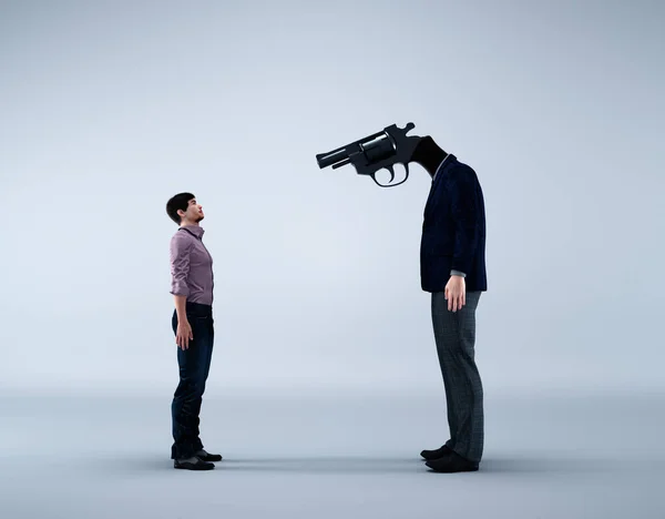 Man and a gun instead of head.    This is a 3d render illustration