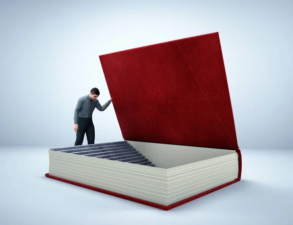 Homem Nas Escadas Dentro Livro Descoberta Conceito Educação Esta Uma — Fotografia de Stock