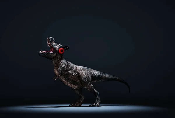 Tyrannosaurus Rex Con Auriculares Sobre Fondo Azul Esta Una Ilustración — Foto de Stock