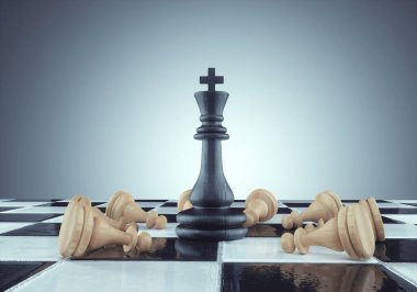 Satranç tahtasında papaz ayakta ve piyonlar devrildi. Stratejik planlama, başarı ve üstünlük kavramları. Bu 3 boyutlu bir çizim.