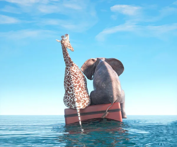 Elefante Giraffa Bagaglio Nell Oceano Naufragio Questa Illustrazione Rendering — Foto Stock