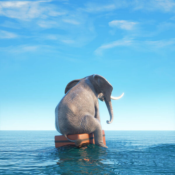 Elephant on a luggages in the ocean.  Shipwrecked. This is a 3d render illustration
