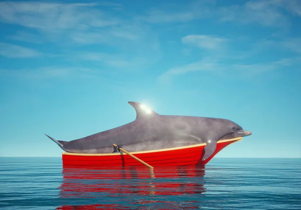 Delfin Egy Vörös Hajón Óceánban Egy Renderelés Illusztráció — Stock Fotó