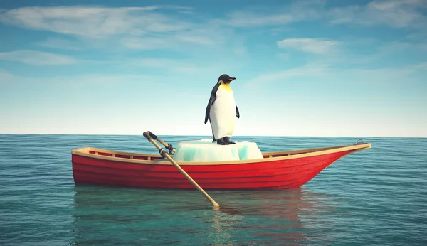 Pingvin Egy Gleccseren Egy Piros Csónakban Globális Felmelegedés Természeti Csapás — Stock Fotó