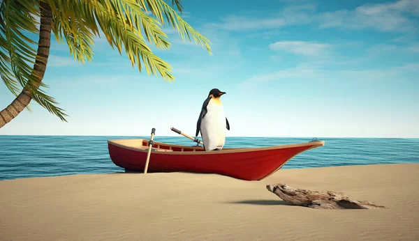 Pingouin Dans Bateau Sur Rivage Concept Surréaliste Avec Réchauffement Climatique — Photo