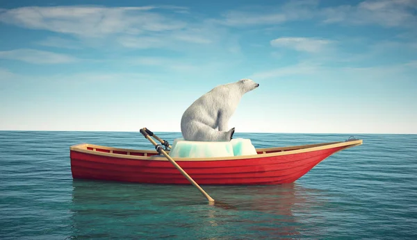 Πολική Αρκούδα Παγετώνα Κόκκινη Βάρκα Υπερθέρμανση Του Πλανήτη Και Φυσική — Φωτογραφία Αρχείου