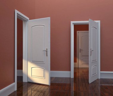 Kapıları açık bir oda. Fırsatlar ve özlemler konsepti. Bu 3 boyutlu bir çizim.