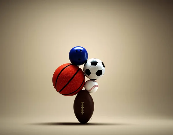 Basketbol, futbol, rugby, tenis ve bowling topları. Denge konsepti. Bu 3 boyutlu bir çizim.