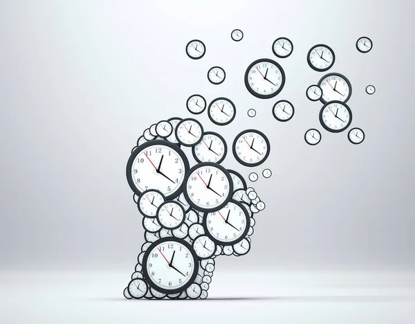時間ビジネスの概念を計画したり 人間の頭の形をした時計のグループとして分を無駄にする これは3Dレンダリング図です — ストック写真