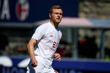 Milan 'ın İtalya futbolu sırasındaki Tommaso Pobega portresi Serie A maçı Bologna FC - AC Milan maçı 15 Nisan 2023' te İtalya 'nın Bologna kentindeki Renato Dall' Ara Stadyumu 'nda yapıldı.