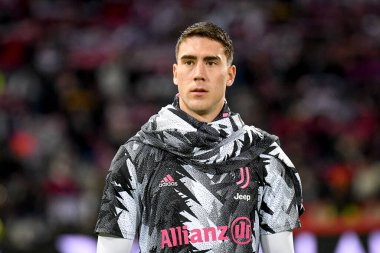 İtalya 'nın Bologna kenti Bologna Dall' Ara Stadyumu 'nda oynanan İtalyan futbolu Serie A maçında Juventus FC (portreler arşivi) maçında Juventus' un Dusan Vlahoviç portresi - 30 Nisan 2023